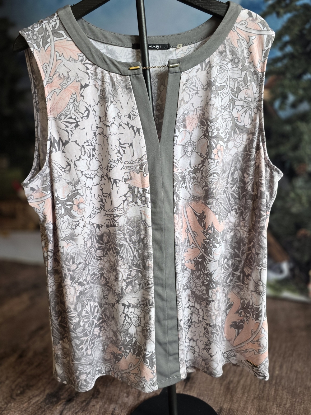 Tahari Gray & Blush Floral Trim Sleeveless Blouse